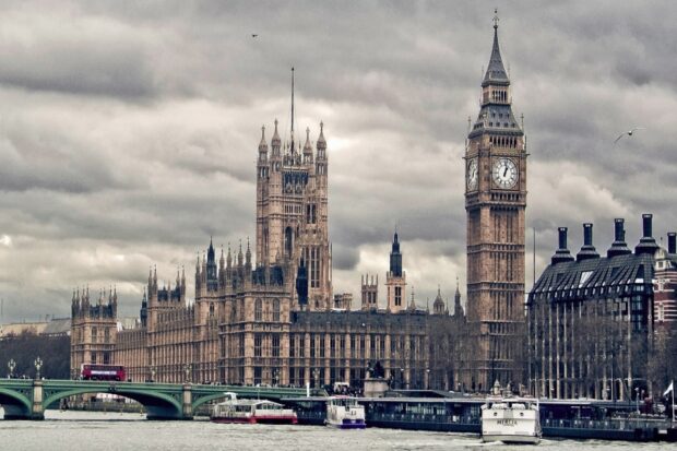 Image of the Houses of Parliament from across the Thames on a cloudy day