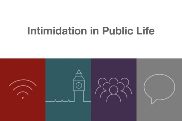 Graphic with symbols of wifi, big ben, people, and a speech bubble below the words "intimidation in public life"