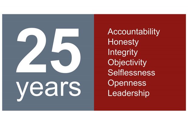 the words '25 years' opposite the words 'accountability honesty integrity objectivity selflessness openness leadership'