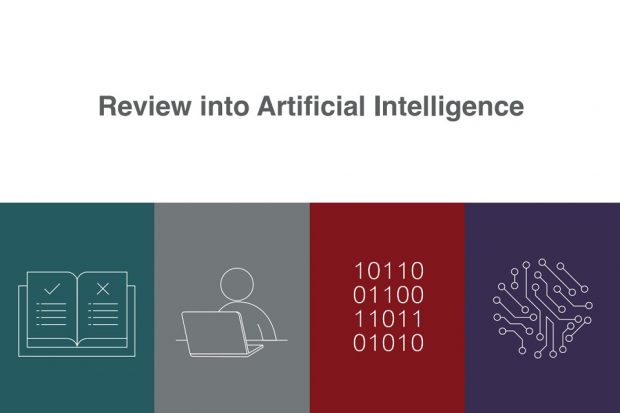 The words 'review into artificial intelligence' above graphics of a rule book, a person sitting behind a laptop, binary code, and a circuitboard