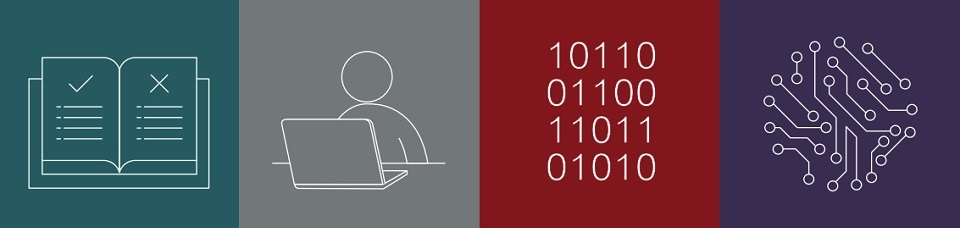 A graphic of a rule book, person behind a laptop, binary code and circuitboard