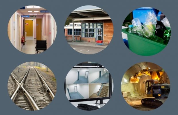 Six cut-out circles showing a hospital ward, school, recycling box, railway track, security camera, and a digger in a tunnel