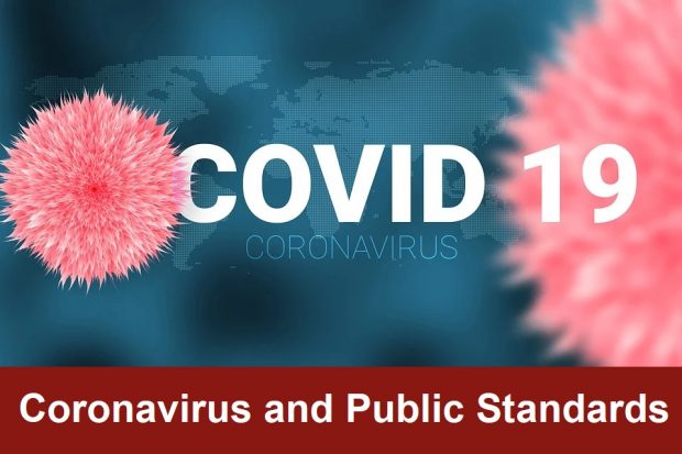 Computer generated image of a virus superimposed on top of a world map and the words 'covid 19 coronavirus'. At the bottom of the image are the words 'coronavirus and public standards'