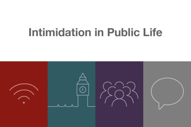 The words Intimidation in Public Life above graphics of wi-fi, parliament, a group of people and a speech bubble
