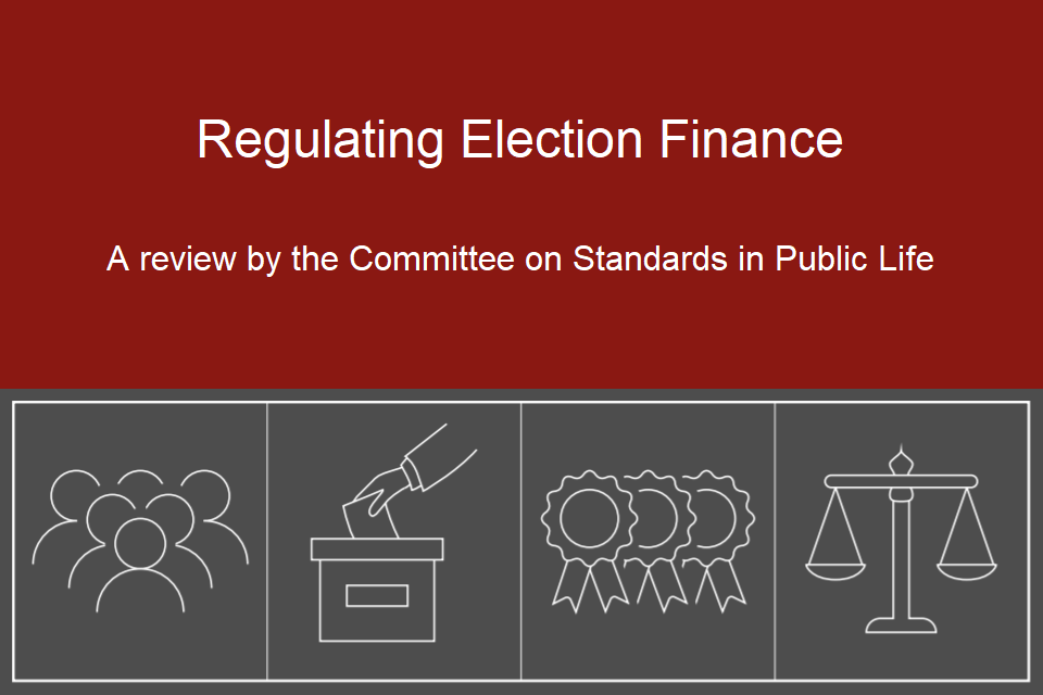 Graphic containing 4 line drawings of: a group of people, a ballot box, party rosettes and scales of justice