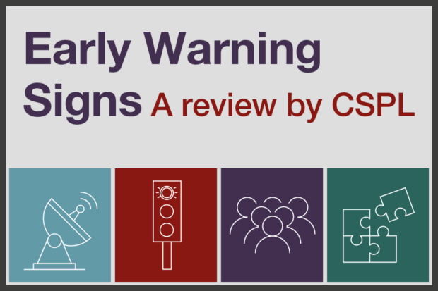 Early Warning Signs. A review by CSPL. Line drawings of: a radar, traffic lights, people, a jigsaw puzzle.